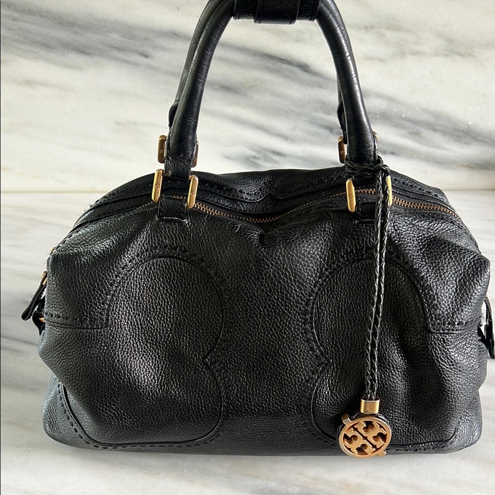 Tory Burch Amalie Black Satchel with Gold Hardware with Embossed Leather